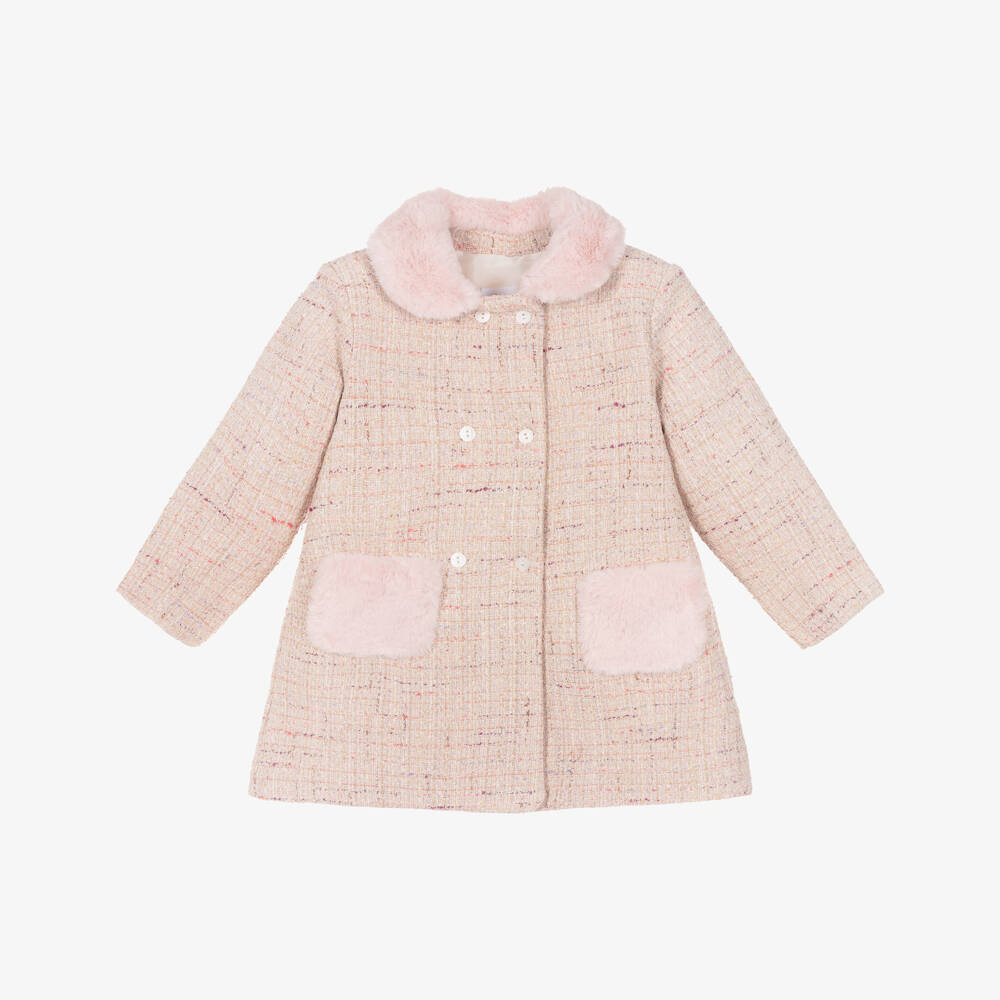 Patachou-Girls Pink Tweed Coat with Faux Fur Trims | Childrensalon Outlet