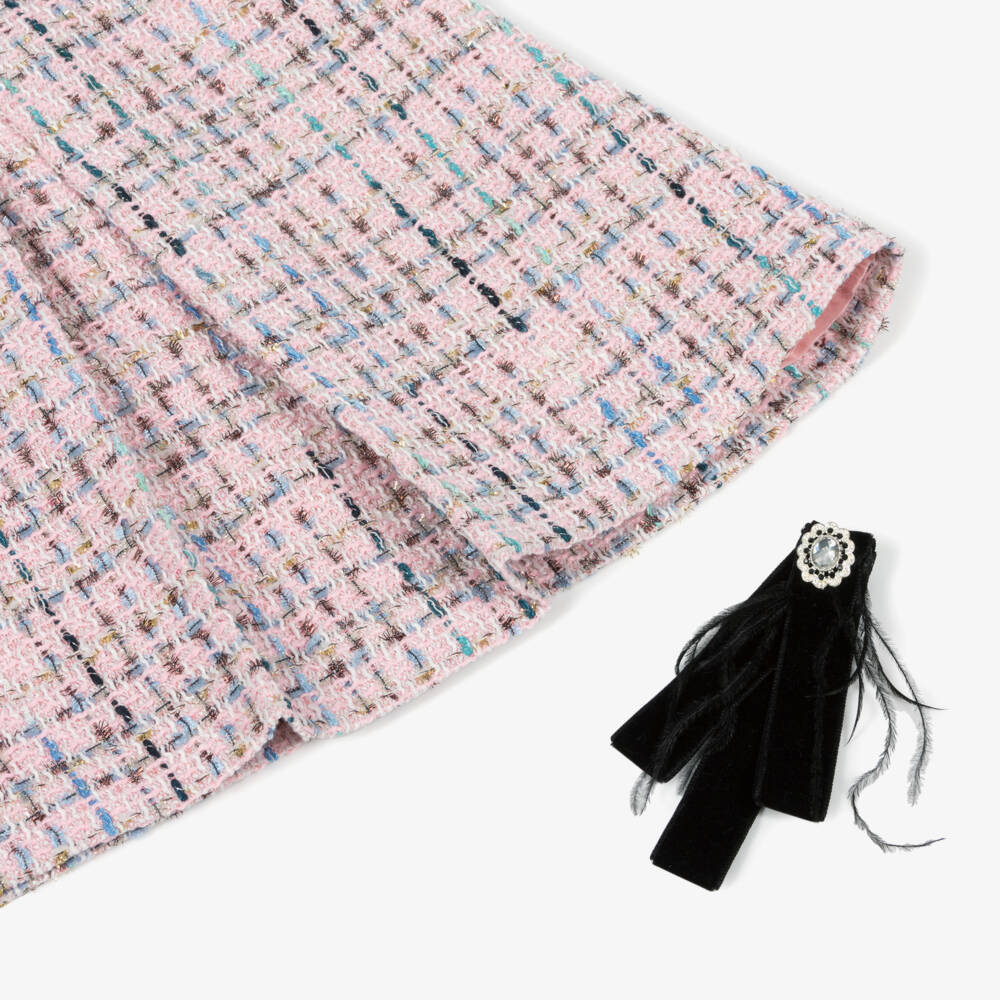 Piccola Speranza-Girls Pink Tweed Dress with Velvet Bow Brooch & Sequin Collar | Childrensalon Outlet