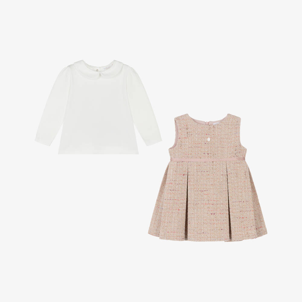 Patachou-Girls Pink Tweed Pinafore Dress Set | Childrensalon Outlet