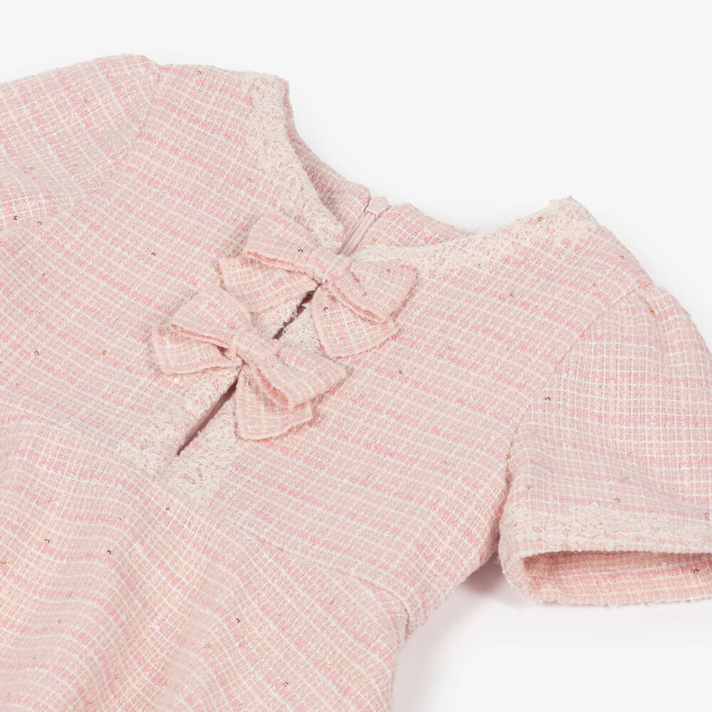 Lapin House-Girls Pink Tweed Short Sleeve Bow Dress | Childrensalon Outlet