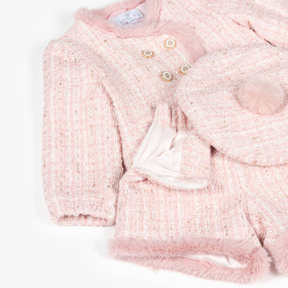 Beau KiD-Girls Pink Tweed Shorts Set with Faux Fur Trim | Childrensalon Outlet