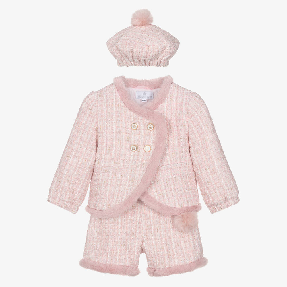 Beau KiD-Girls Pink Tweed Shorts Set with Faux Fur Trim  | Childrensalon Outlet