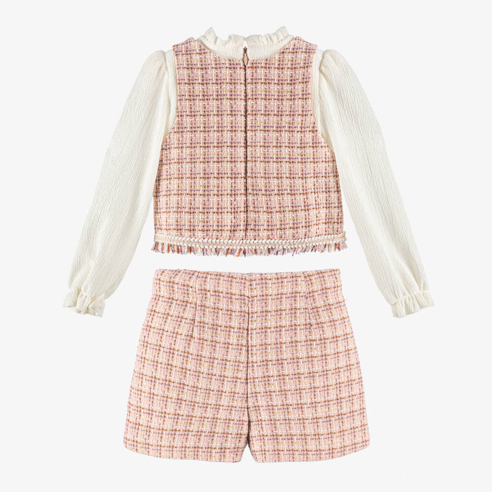 Abel & Lula-Girls Pink Tweed Shorts Set with Glittery Gold Thread | Childrensalon Outlet