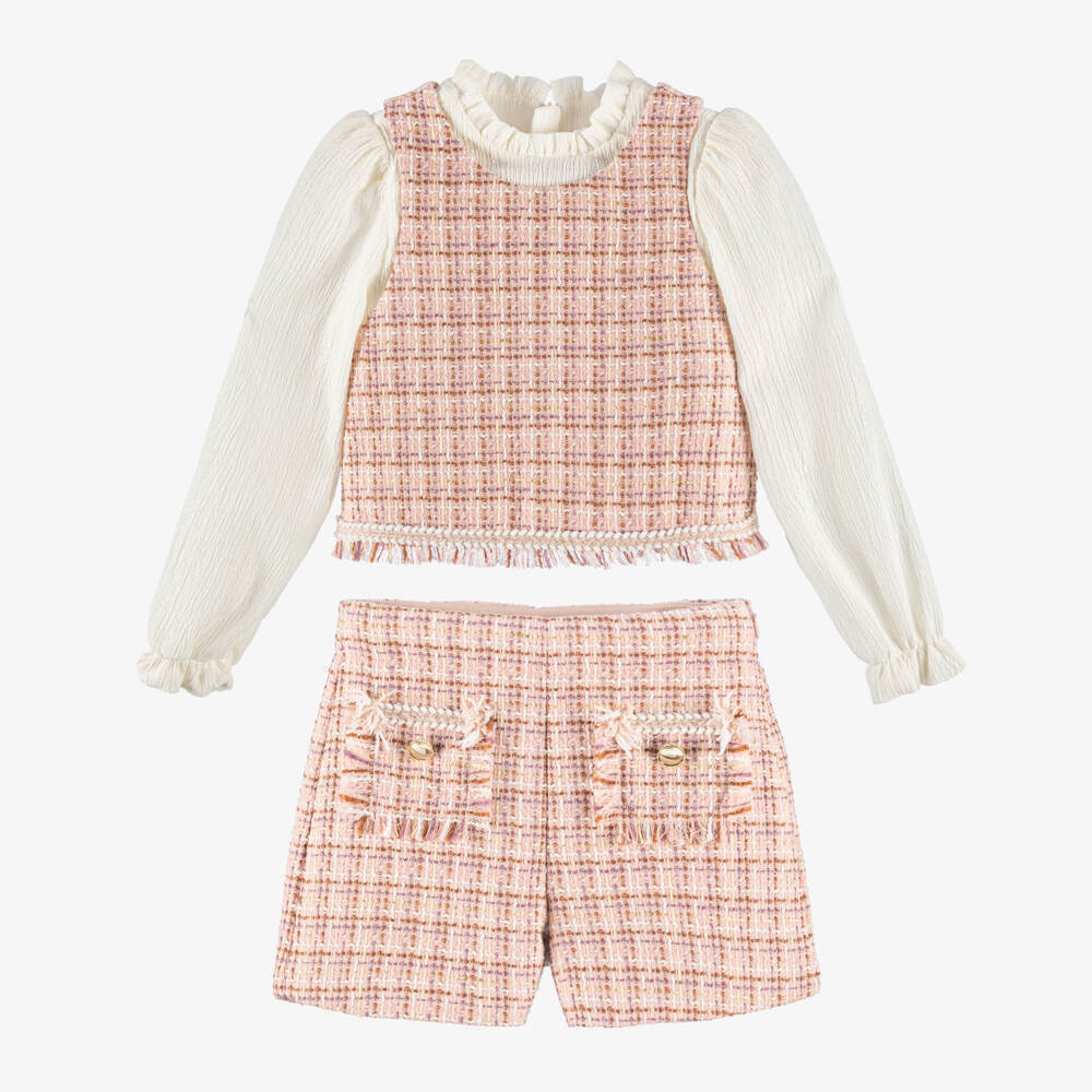 Abel & Lula-Girls Pink Tweed Shorts Set with Glittery Gold Thread | Childrensalon Outlet