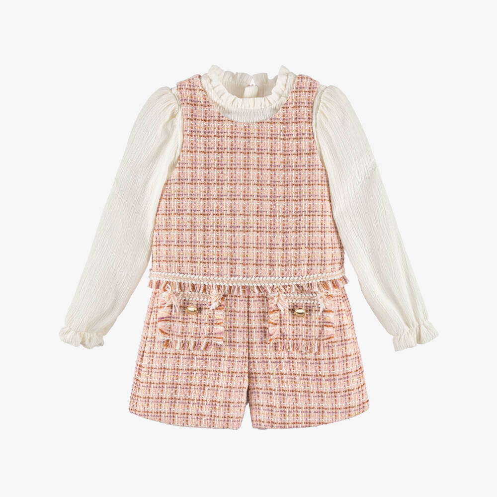 Abel & Lula-Girls Pink Tweed Shorts Set with Glittery Gold Thread | Childrensalon Outlet