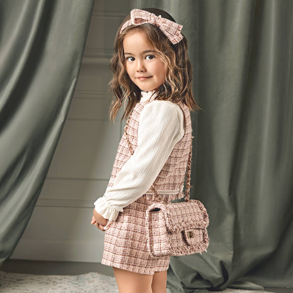 Abel & Lula-Girls Pink Tweed Shorts Set with Glittery Gold Thread | Childrensalon Outlet