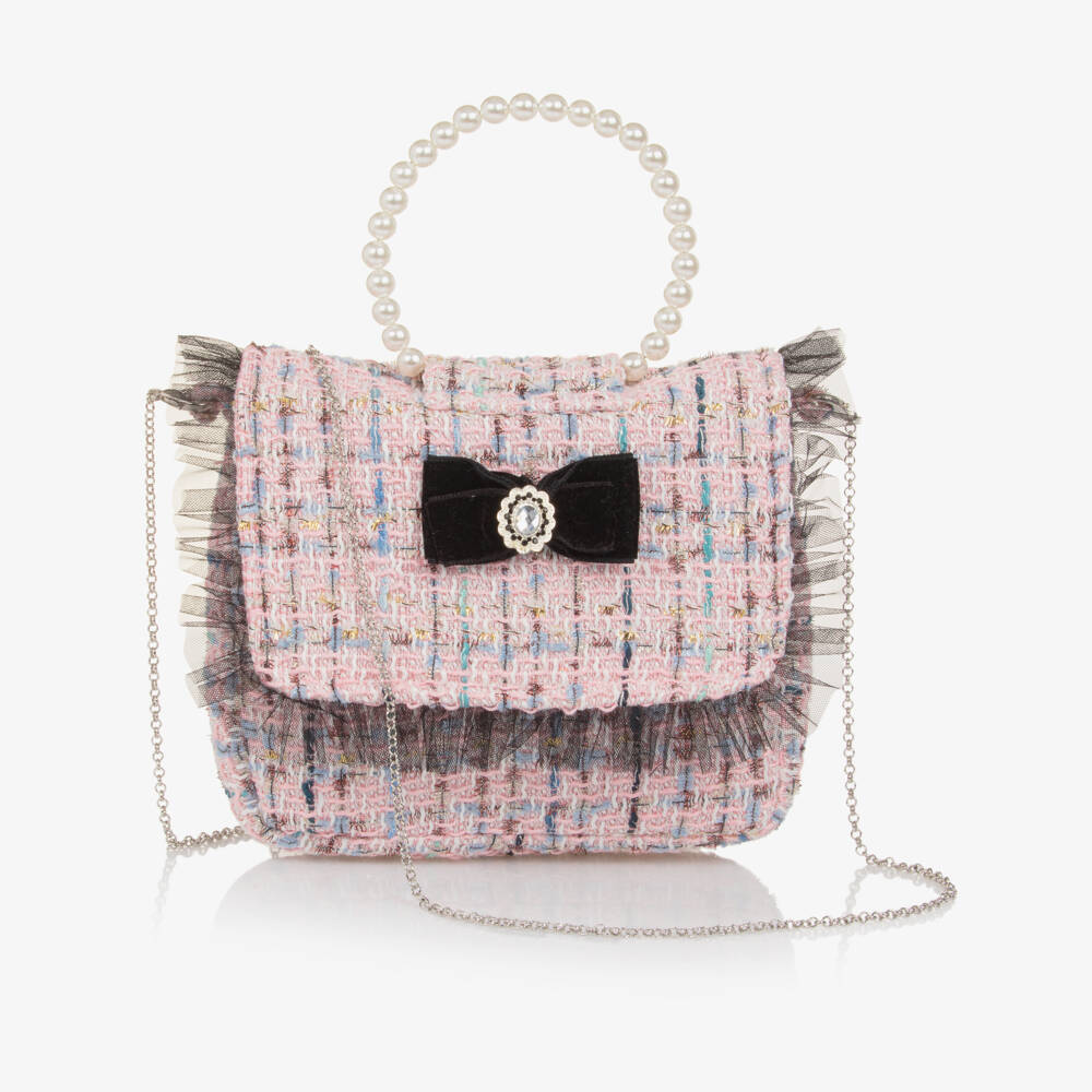 Piccola Speranza-Girls Pink Tweed & Tulle Trim Handbag (19cm) | Childrensalon Outlet