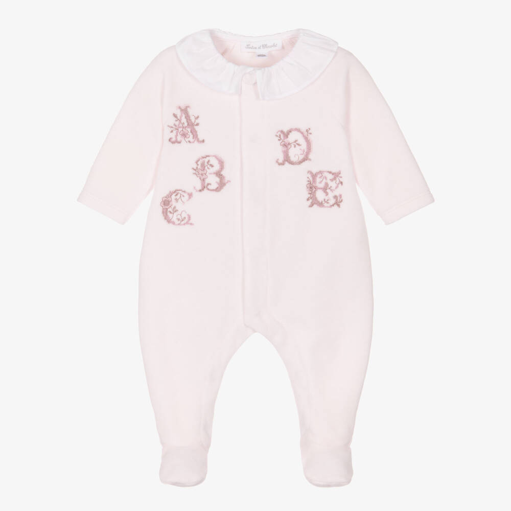 Tartine et Chocolat-Girls Pink Velour Babygrow with Alphabet Letters | Childrensalon Outlet