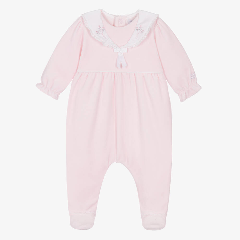 Emile et Rose-Girls Pink Velour Babygrow with Embroidered Collar | Childrensalon Outlet