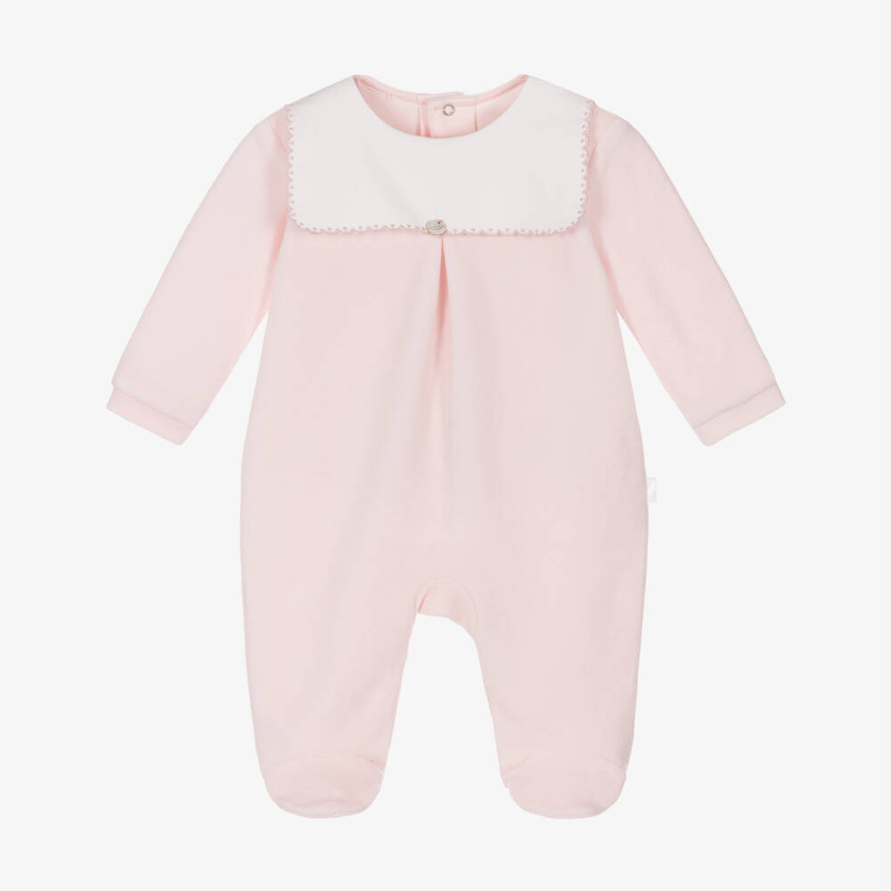 Pureté Du... Bébé-Girls Pink Velour Babygrow with Ivory Twill Bib Front | Childrensalon Outlet
