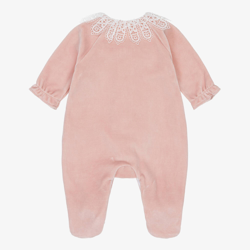 Tartine et Chocolat-Girls Pink Velour Babygrow with White Lace Collar | Childrensalon Outlet