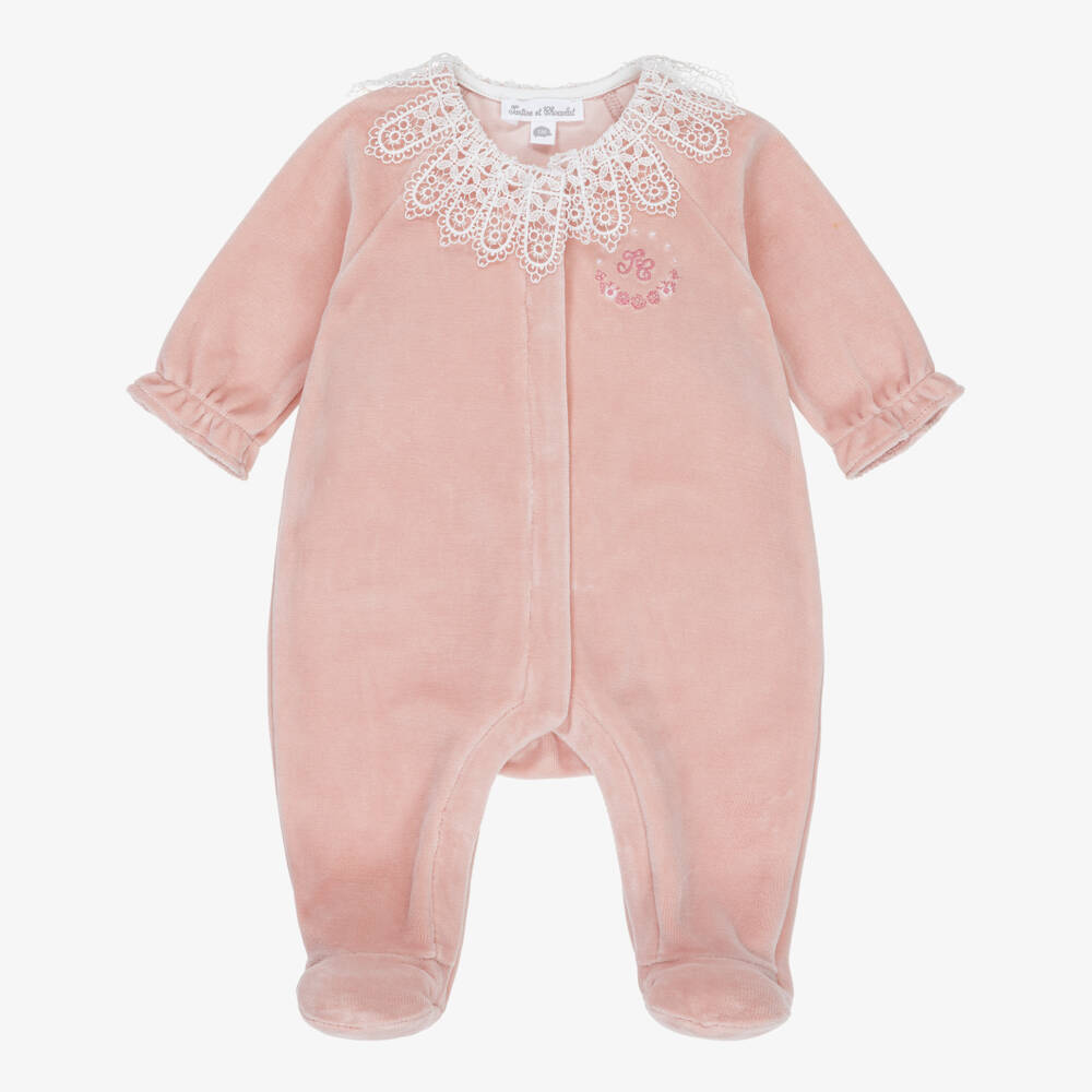 Tartine et Chocolat-Girls Pink Velour Babygrow with White Lace Collar | Childrensalon Outlet