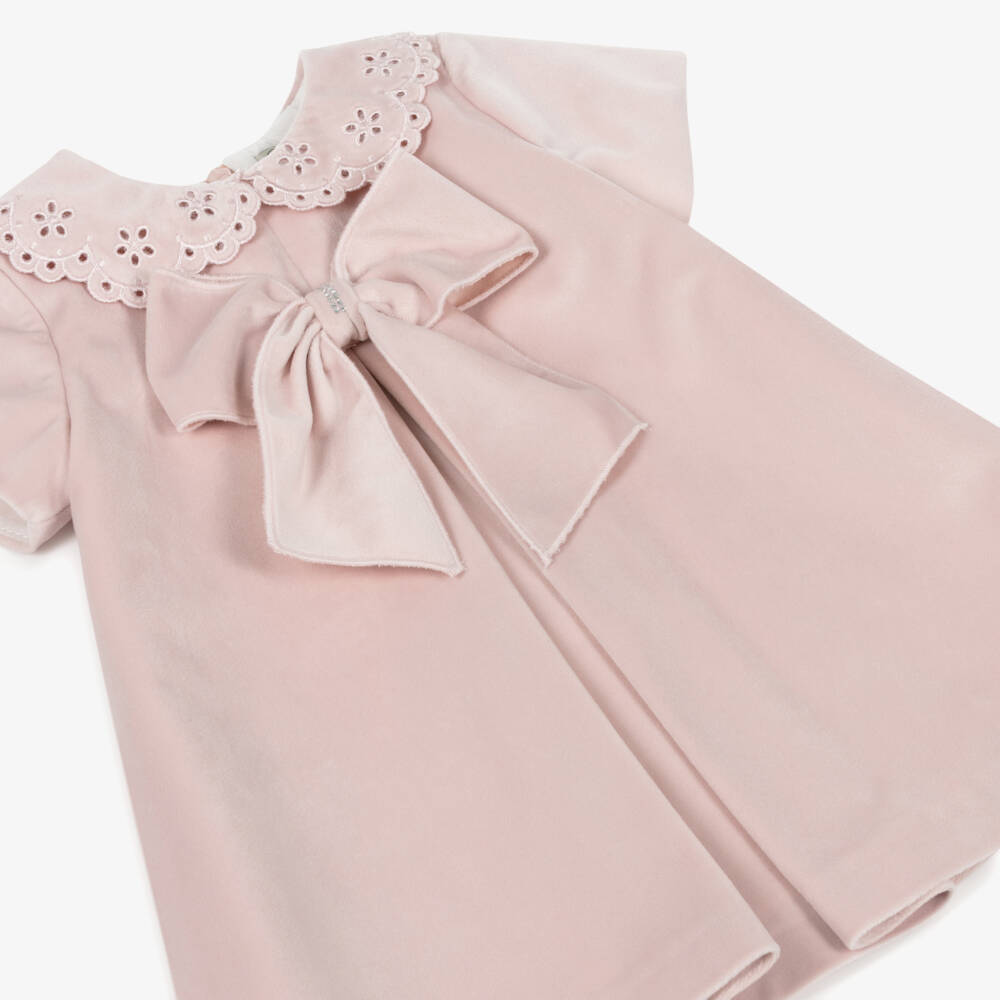 Piccola Speranza-Girls Pink Velvet Bow Trim Dress | Childrensalon Outlet