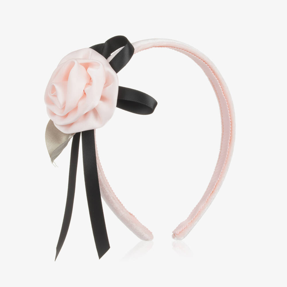 Monnalisa-Girls Pink Velvet Rose & Bow Hairband | Childrensalon Outlet