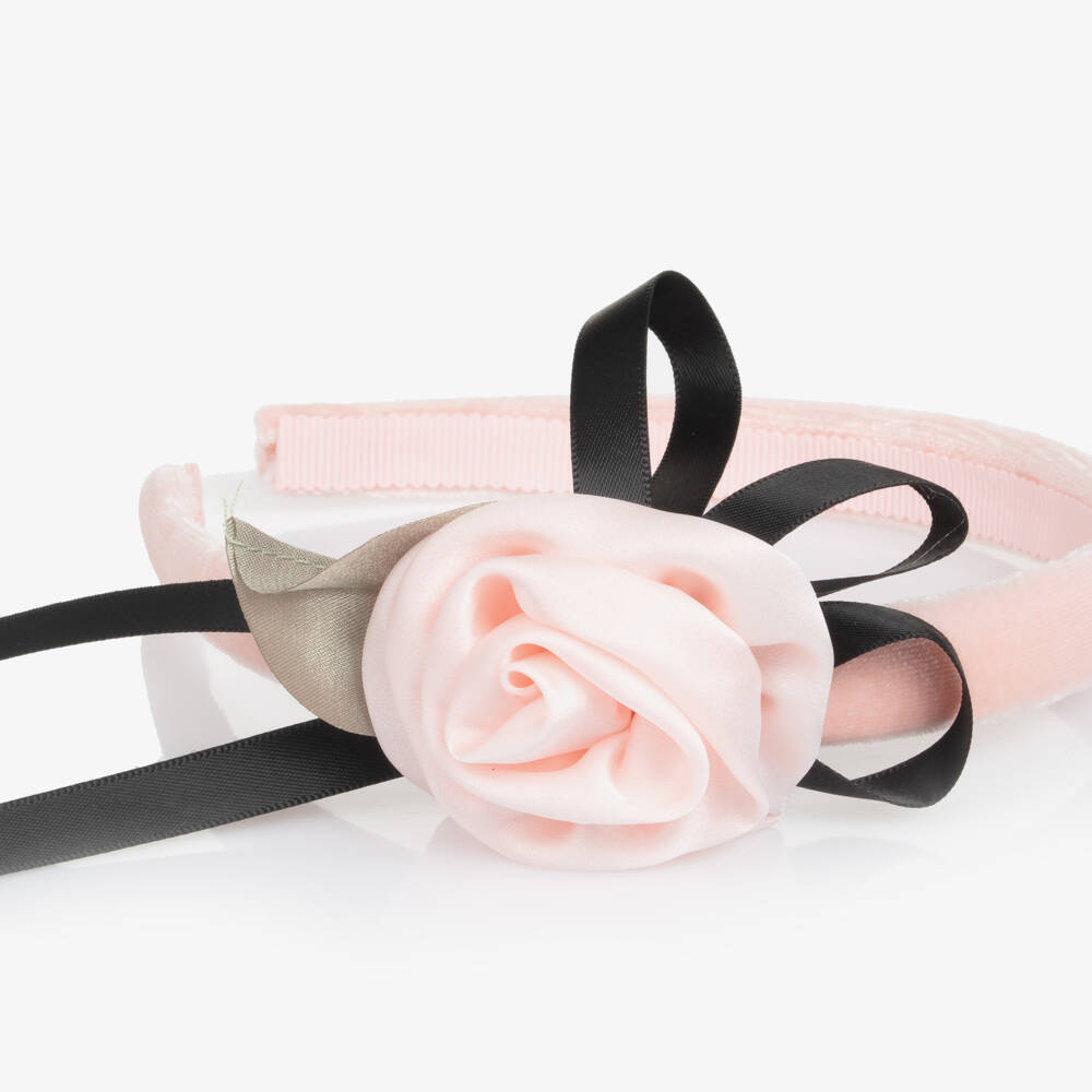 Monnalisa-Girls Pink Velvet Rose & Bow Hairband | Childrensalon Outlet