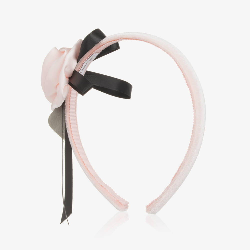 Monnalisa-Girls Pink Velvet Rose & Bow Hairband | Childrensalon Outlet