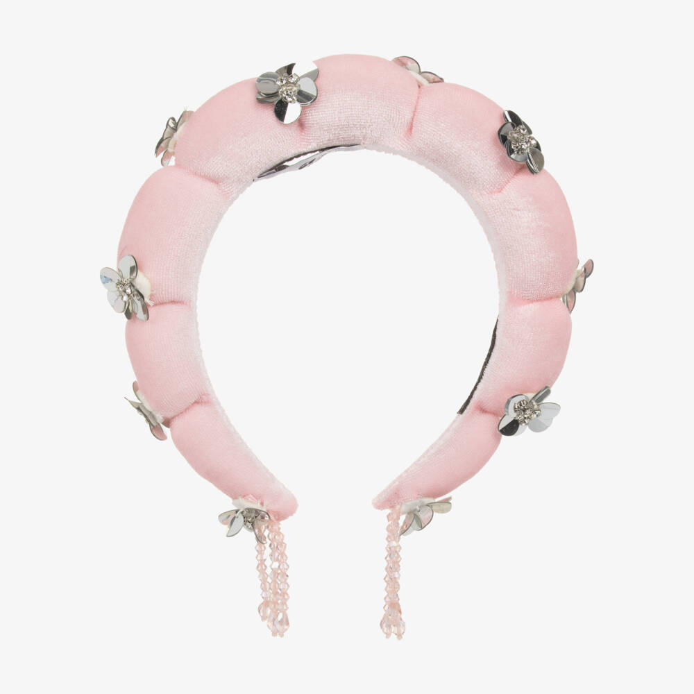 RaspberryPlum-Girls Pink Velvet & Sequin Flower Hairband | Childrensalon Outlet