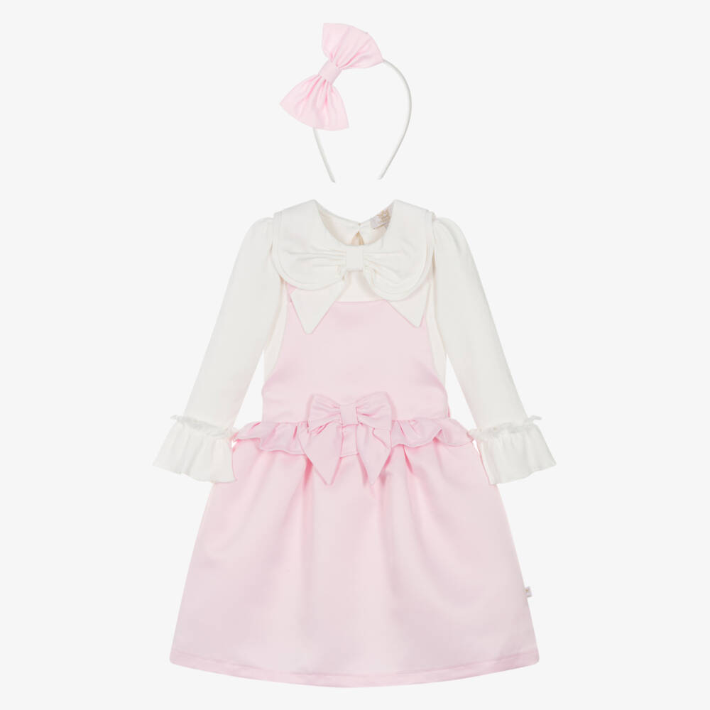 Caramelo Kids-Girls Pink & White Cotton Dress Set with Bow Hairband | Childrensalon Outlet