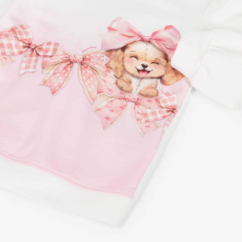 Monnalisa-Girls Pink & White Cotton Puppy Sweatshirt Dress | Childrensalon Outlet