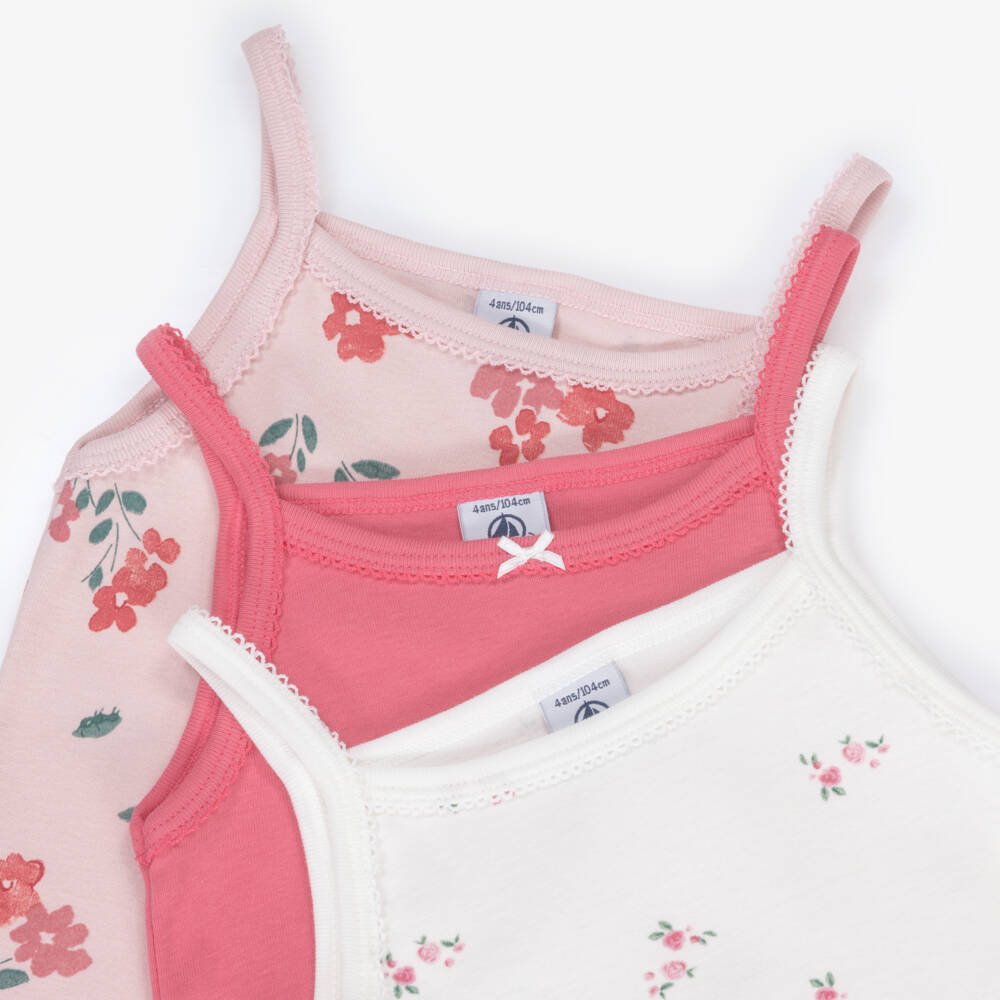 Petit Bateau-Girls Pink & White Organic Cotton Floral Vests (3 Pack) | Childrensalon Outlet