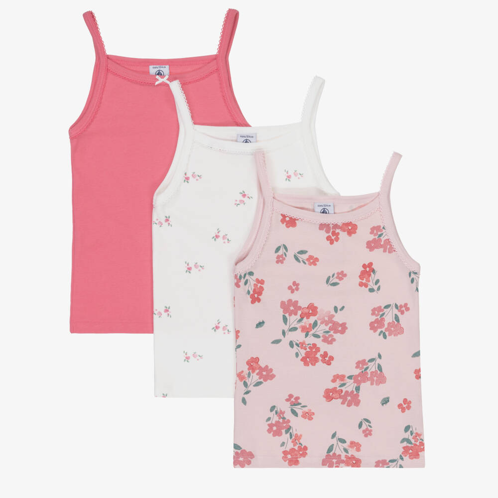 Petit Bateau-Girls Pink & White Organic Cotton Floral Vests (3 Pack) | Childrensalon Outlet