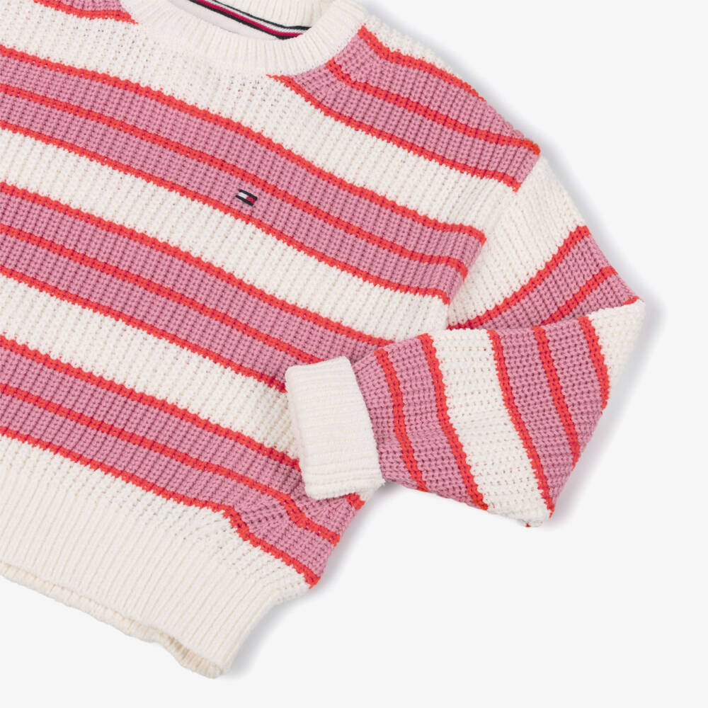 Tommy Hilfiger-Girls Pink & White Stripe Knitted Sweater | Childrensalon Outlet