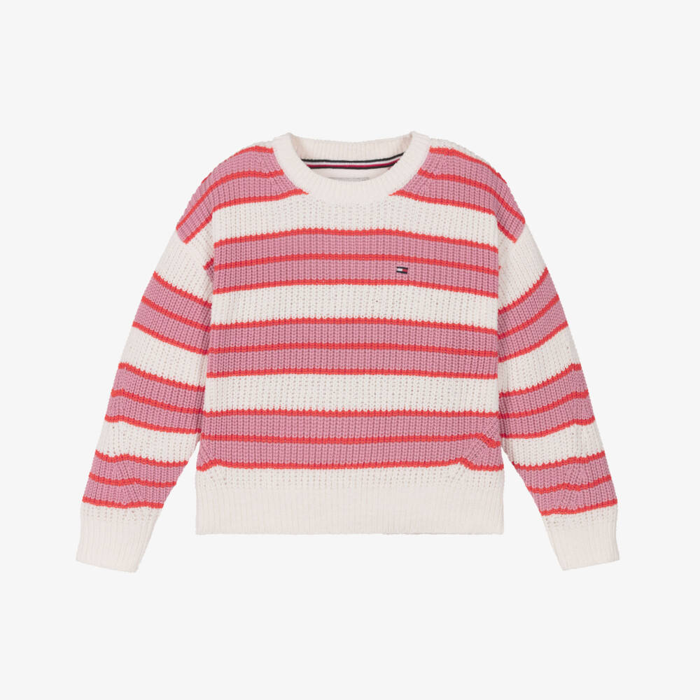 Tommy Hilfiger-Girls Pink & White Stripe Knitted Sweater | Childrensalon Outlet