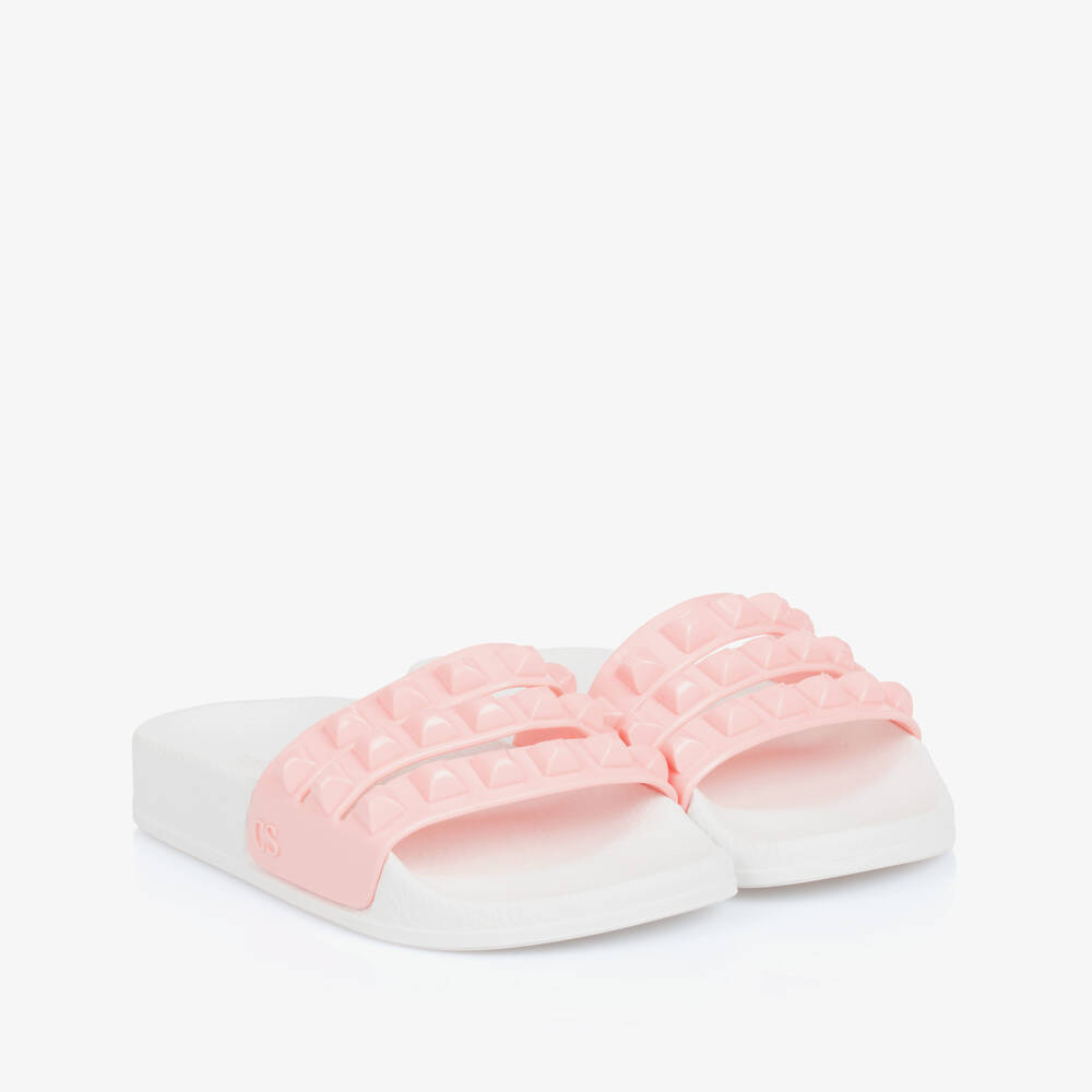Carmen Sol-Girls Pink & White Studded Sliders | Childrensalon Outlet