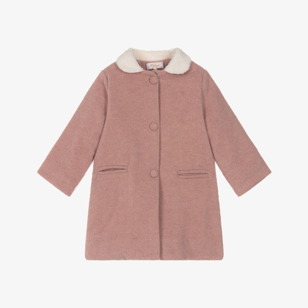 Kidiwi-Girls Pink Wool Coat with BouclÃ© Collar | Childrensalon Outlet