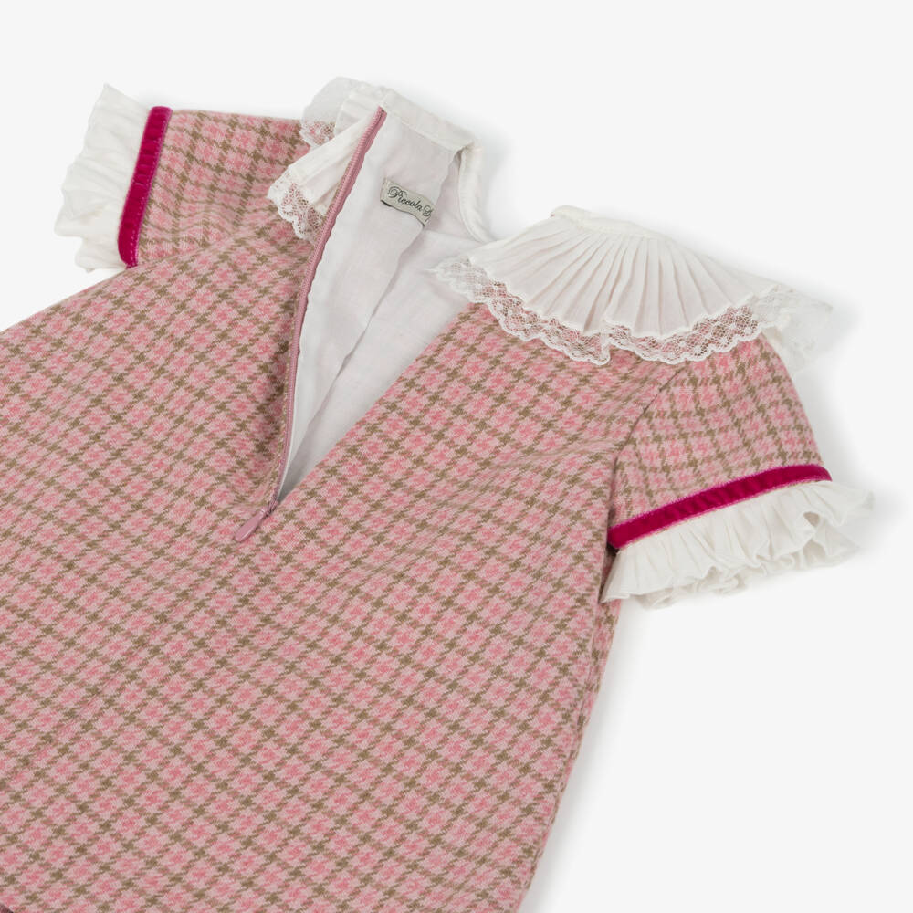 Piccola Speranza-Girls Pink Wool Houndstooth Dress with Ruffle Collar | Childrensalon Outlet