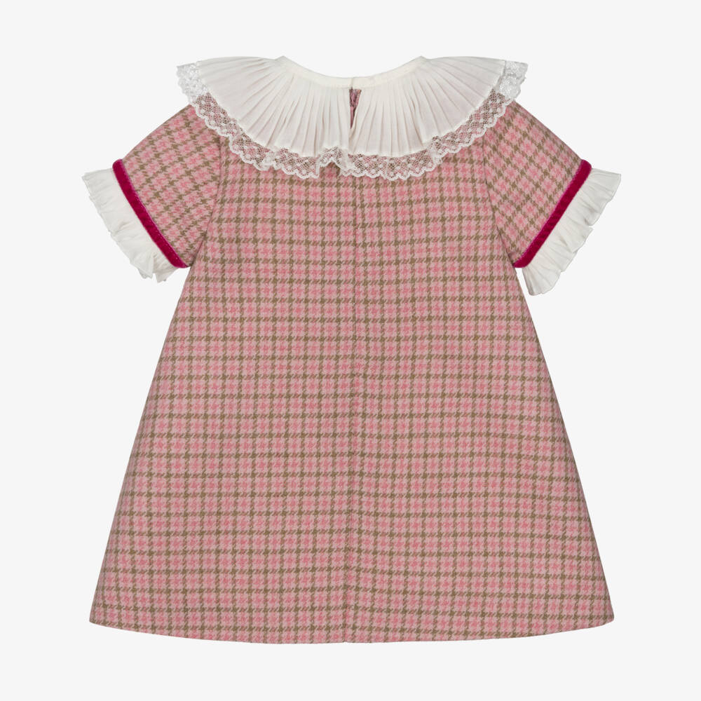 Piccola Speranza-Girls Pink Wool Houndstooth Dress with Ruffle Collar | Childrensalon Outlet
