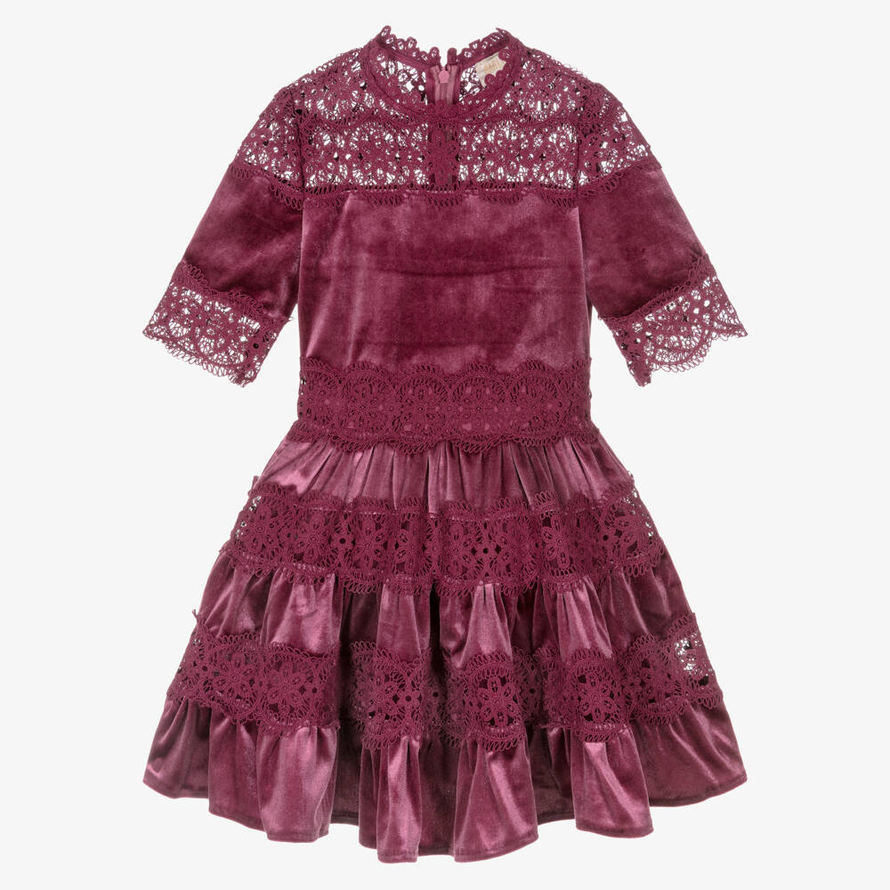 Marlo Kids-Girls Plum Purple Lace & Velour Dress | Childrensalon Outlet