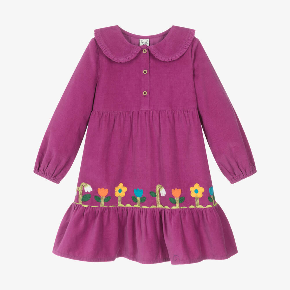 Frugi-Girls Purple Corduroy Floral Trim Dress | Childrensalon Outlet