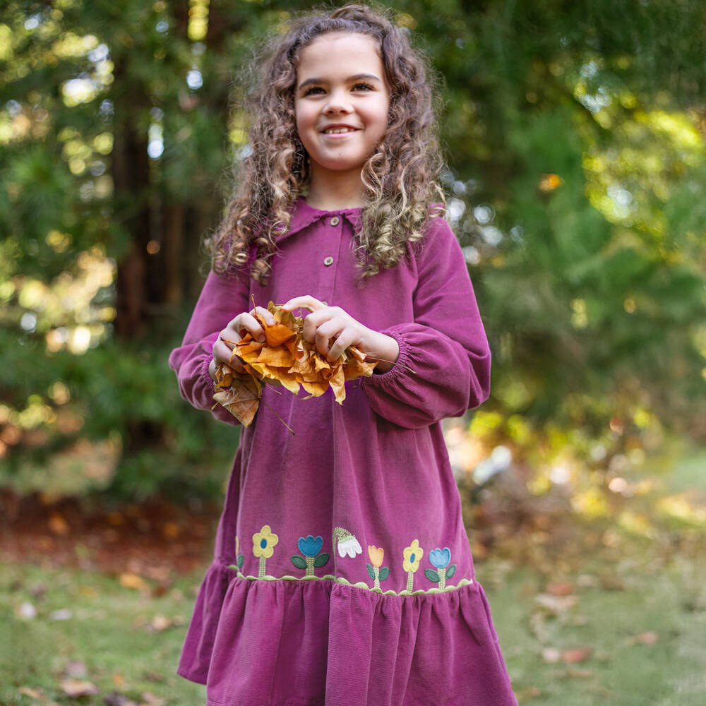 Frugi-Girls Purple Corduroy Floral Trim Dress | Childrensalon Outlet