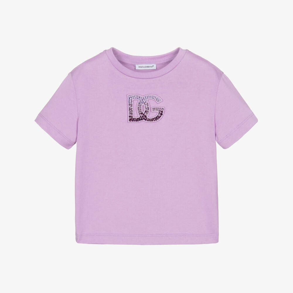 Dolce & Gabbana-Girls Purple Cotton Rhinestone DG Logo T-Shirt | Childrensalon Outlet