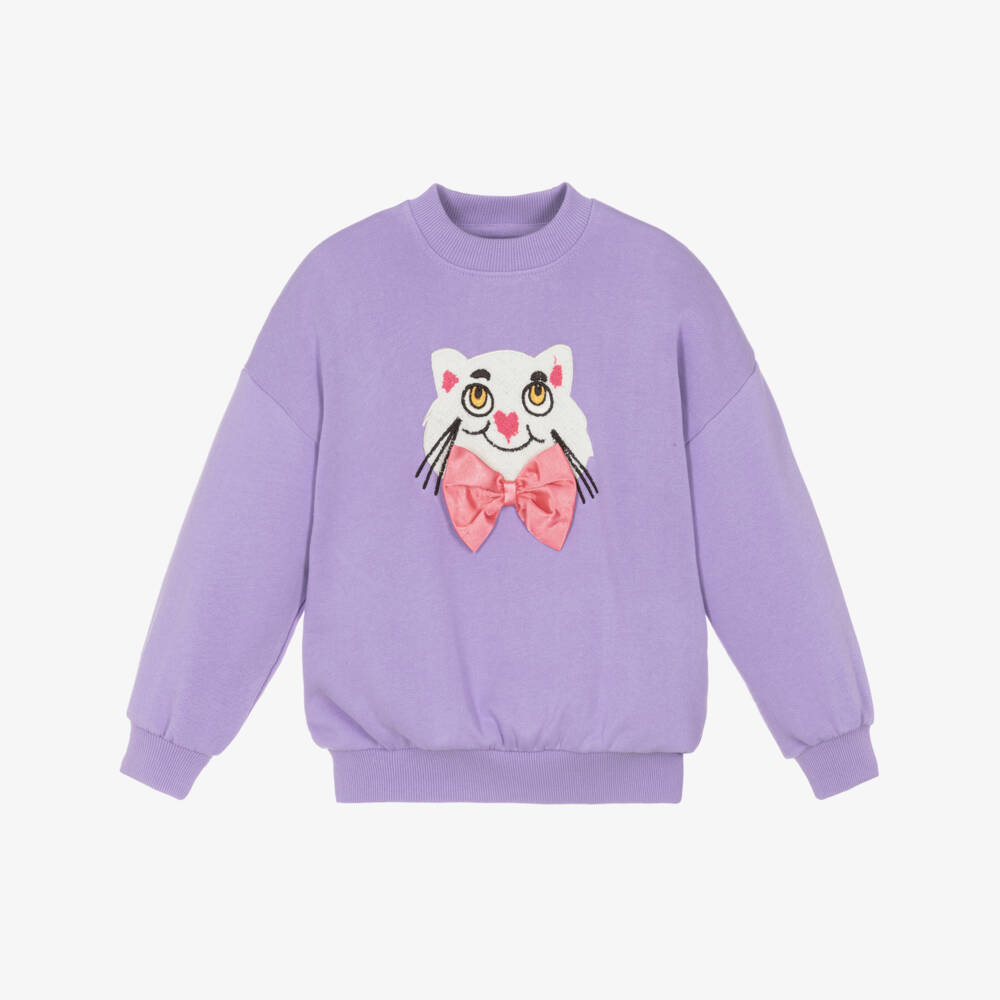 Mini Rodini-Girls Purple Cotton Sweatshirt with Cat Motif | Childrensalon Outlet