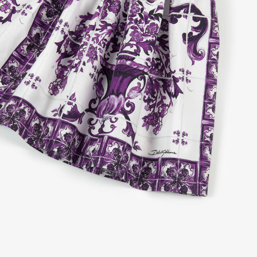 Dolce & Gabbana-Girls Purple Majolica Print Cotton Poplin Dress | Childrensalon Outlet