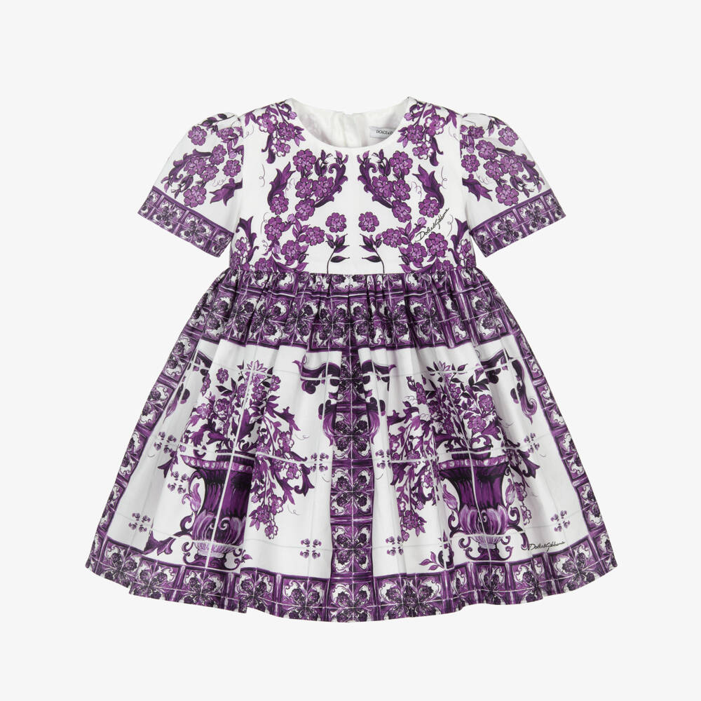 Dolce & Gabbana-Girls Purple Majolica Print Cotton Poplin Dress | Childrensalon Outlet