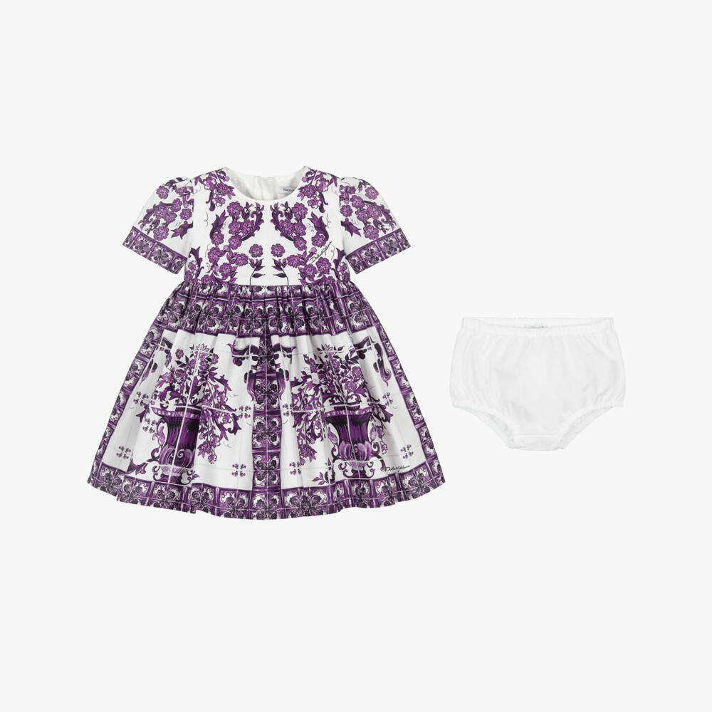 Dolce & Gabbana-Girls Purple Majolica Print Cotton Poplin Dress | Childrensalon Outlet
