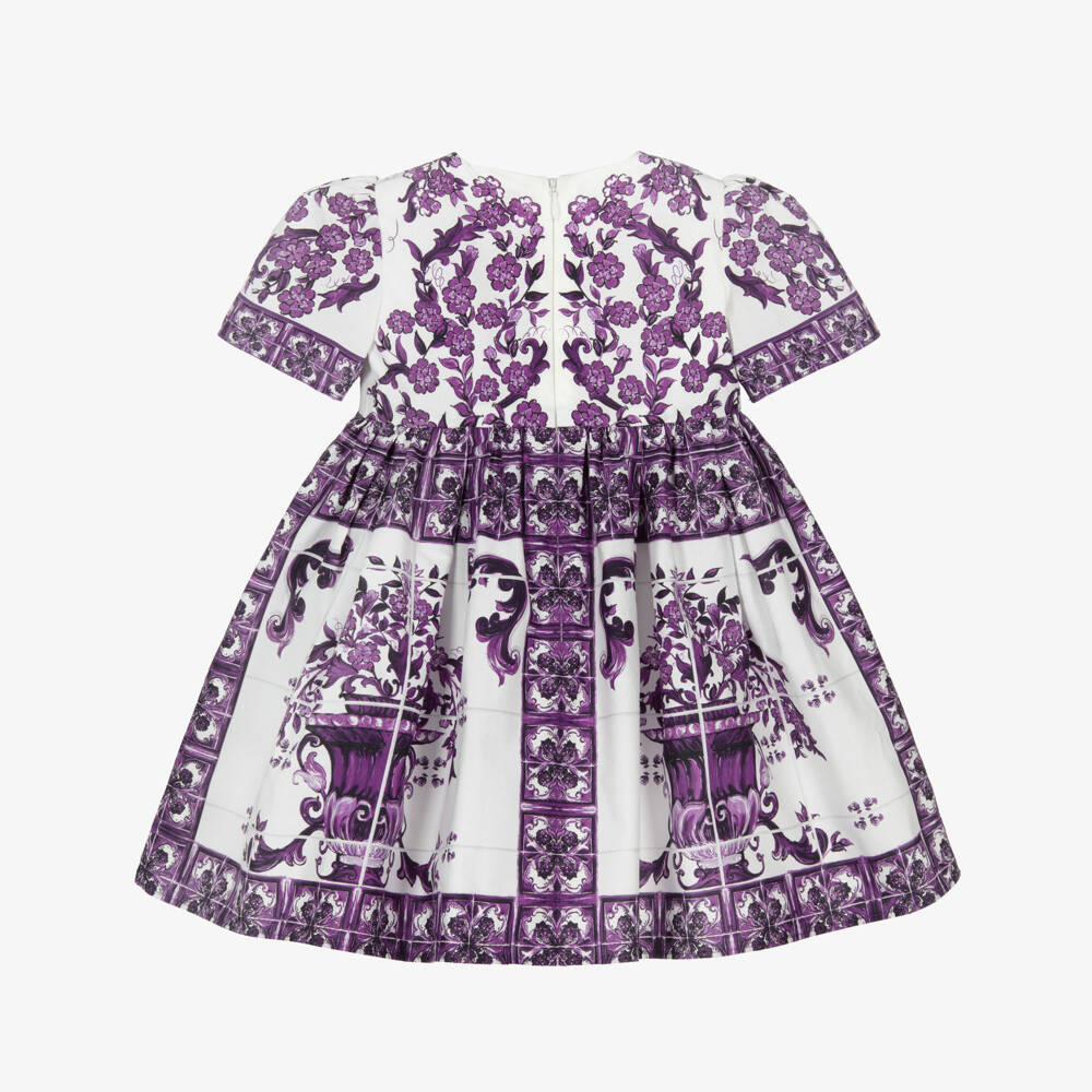 Dolce & Gabbana-Girls Purple Majolica Print Cotton Poplin Dress | Childrensalon Outlet