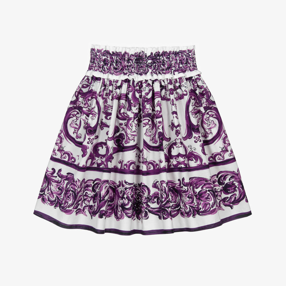 Dolce & Gabbana-Girls Purple Majolica Print Cotton Skirt with Shirred Waist | Childrensalon Outlet