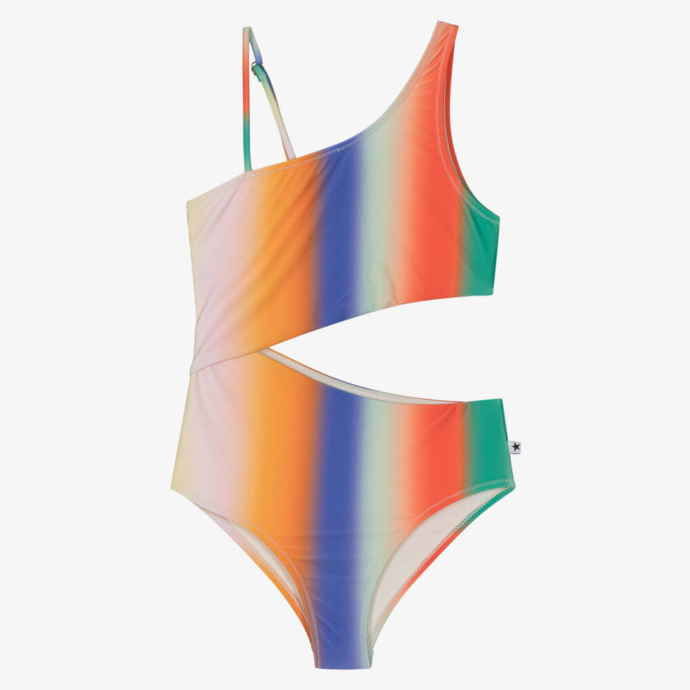 Molo-Girls Rainbow Stripe Cut-Out Swimsuit (UPF50+) | Childrensalon Outlet