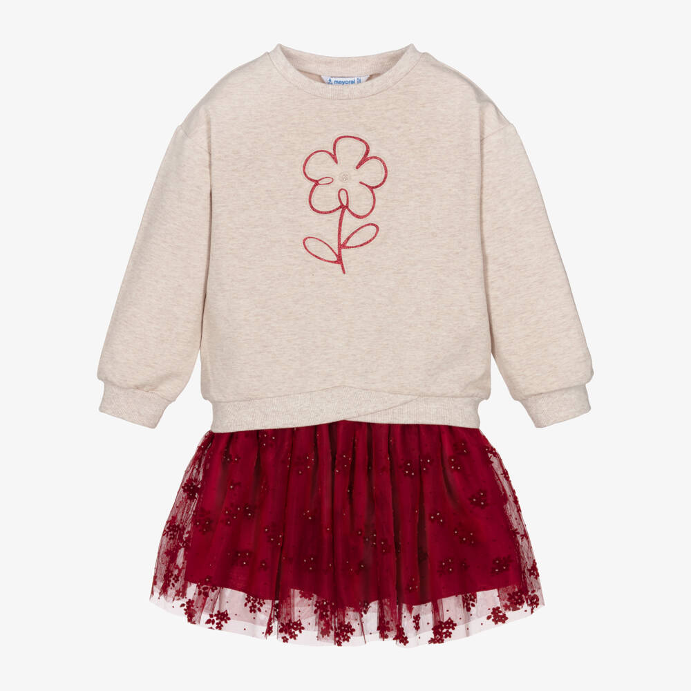 Mayoral-Girls Red & Beige Flower Print Tulle Skirt Set | Childrensalon Outlet