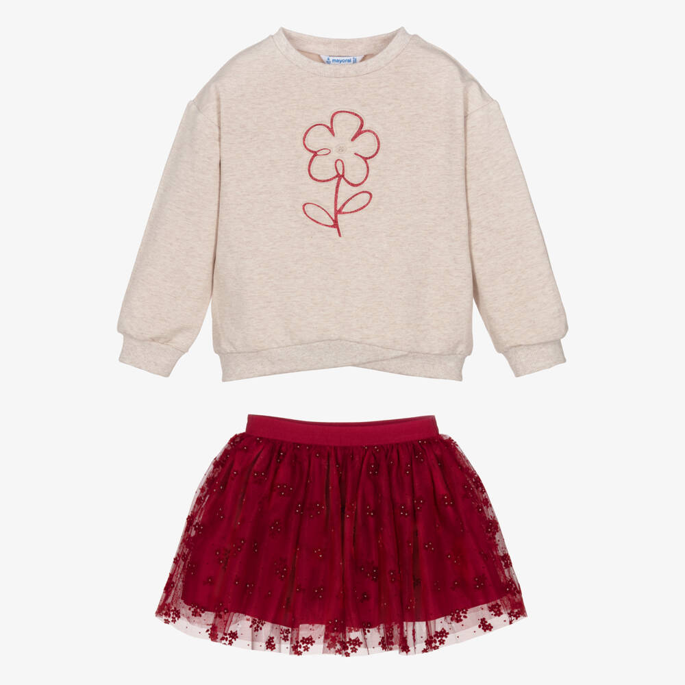 Mayoral-Girls Red & Beige Flower Print Tulle Skirt Set | Childrensalon Outlet