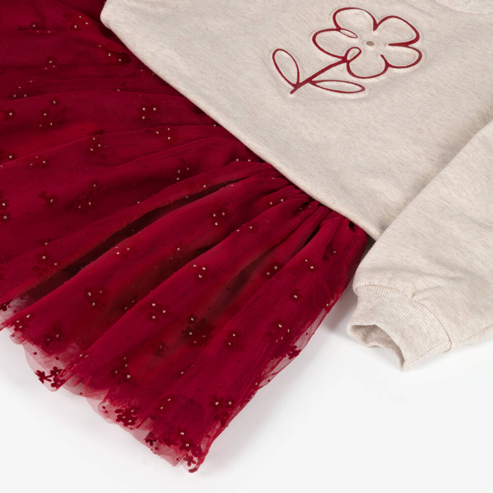Mayoral-Girls Red & Beige Flower Print Tulle Skirt Set | Childrensalon Outlet