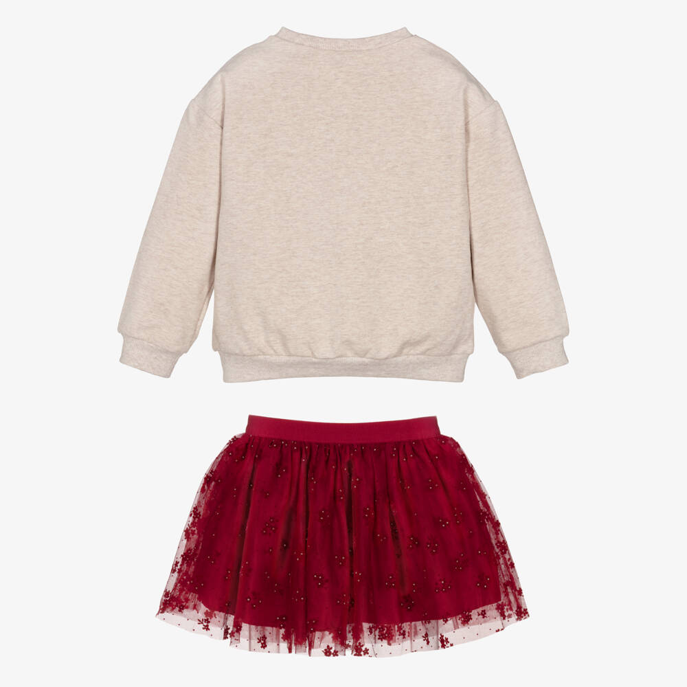 Mayoral-Girls Red & Beige Flower Print Tulle Skirt Set | Childrensalon Outlet