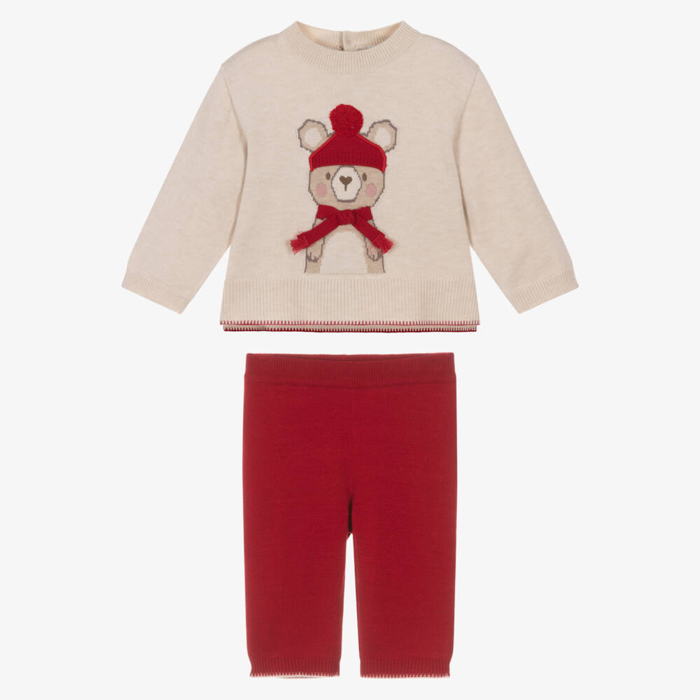 Mayoral-Girls Red & Beige Knitted Trouser Set with Bear Motif | Childrensalon Outlet