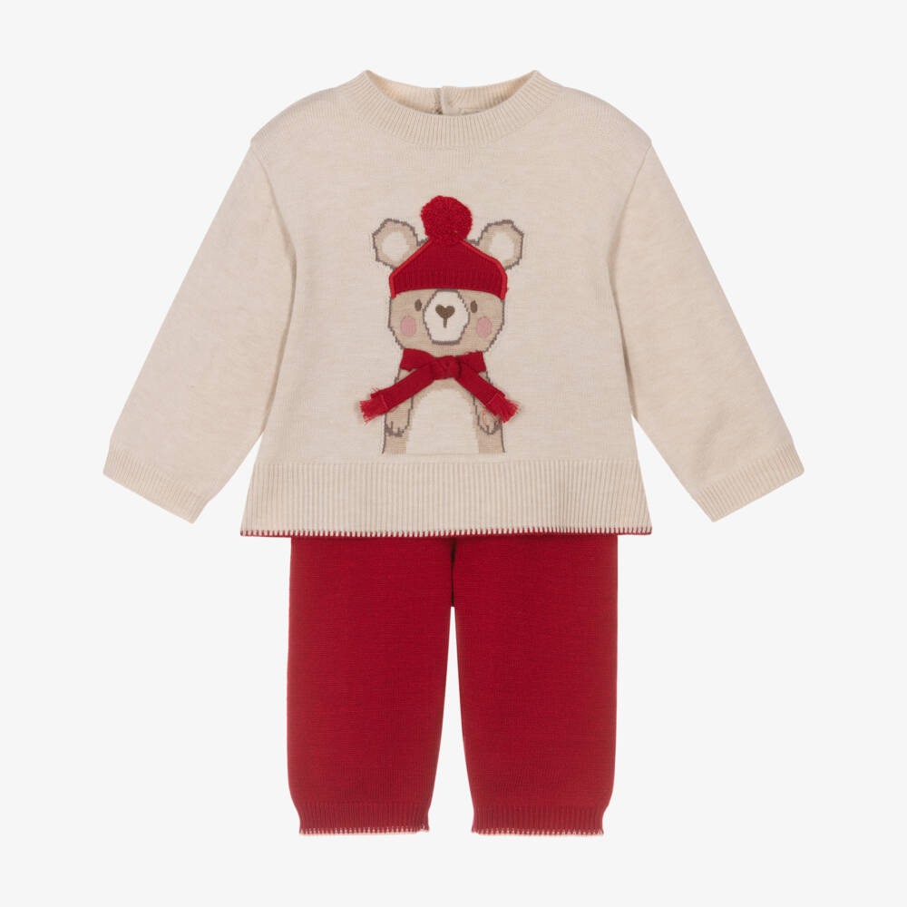 Mayoral-Girls Red & Beige Knitted Trouser Set with Bear Motif | Childrensalon Outlet