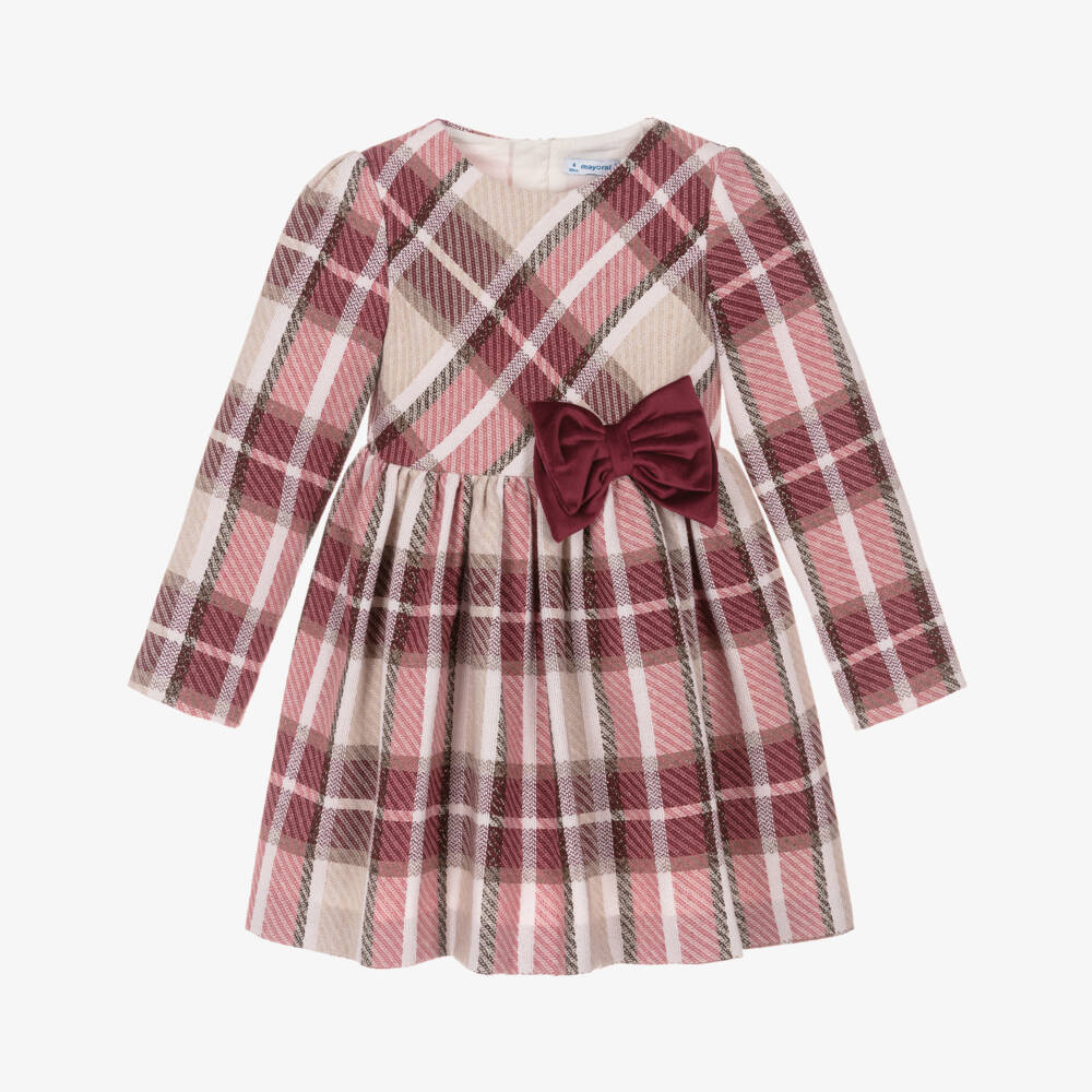 Mayoral-Girls Red & Beige Tartan Dress with Velvet Bow | Childrensalon Outlet