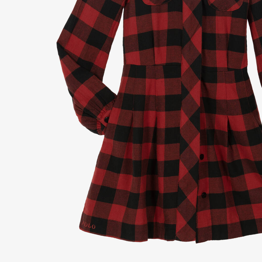 Ralph Lauren-Girls Red & Black Check Cotton Twill Dress with Pleats | Childrensalon Outlet